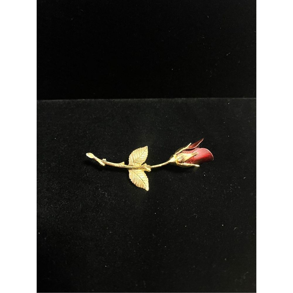 Boutique Women's Single Long Stem Red Rose Gold Tone Flower Brooch Pin Accessory